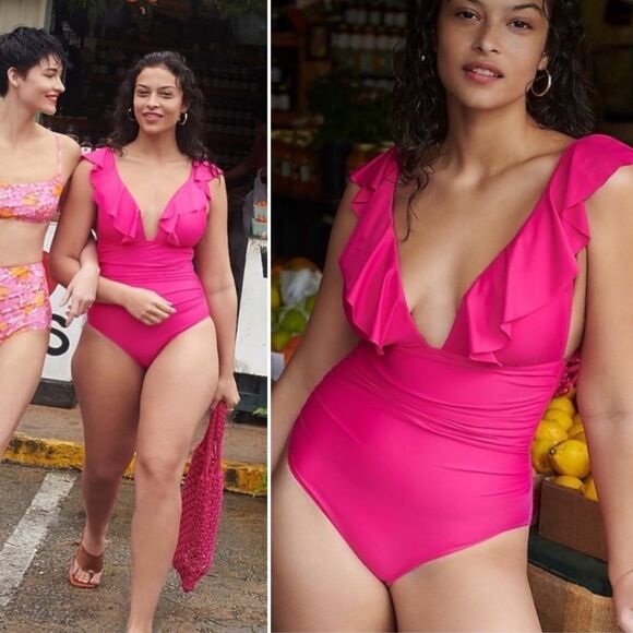 J Crew Radiant Fuchsia Ruffle V-Neck Ruched One Piece Swimsuit Sz 2 NWT - Picture 16 of 16